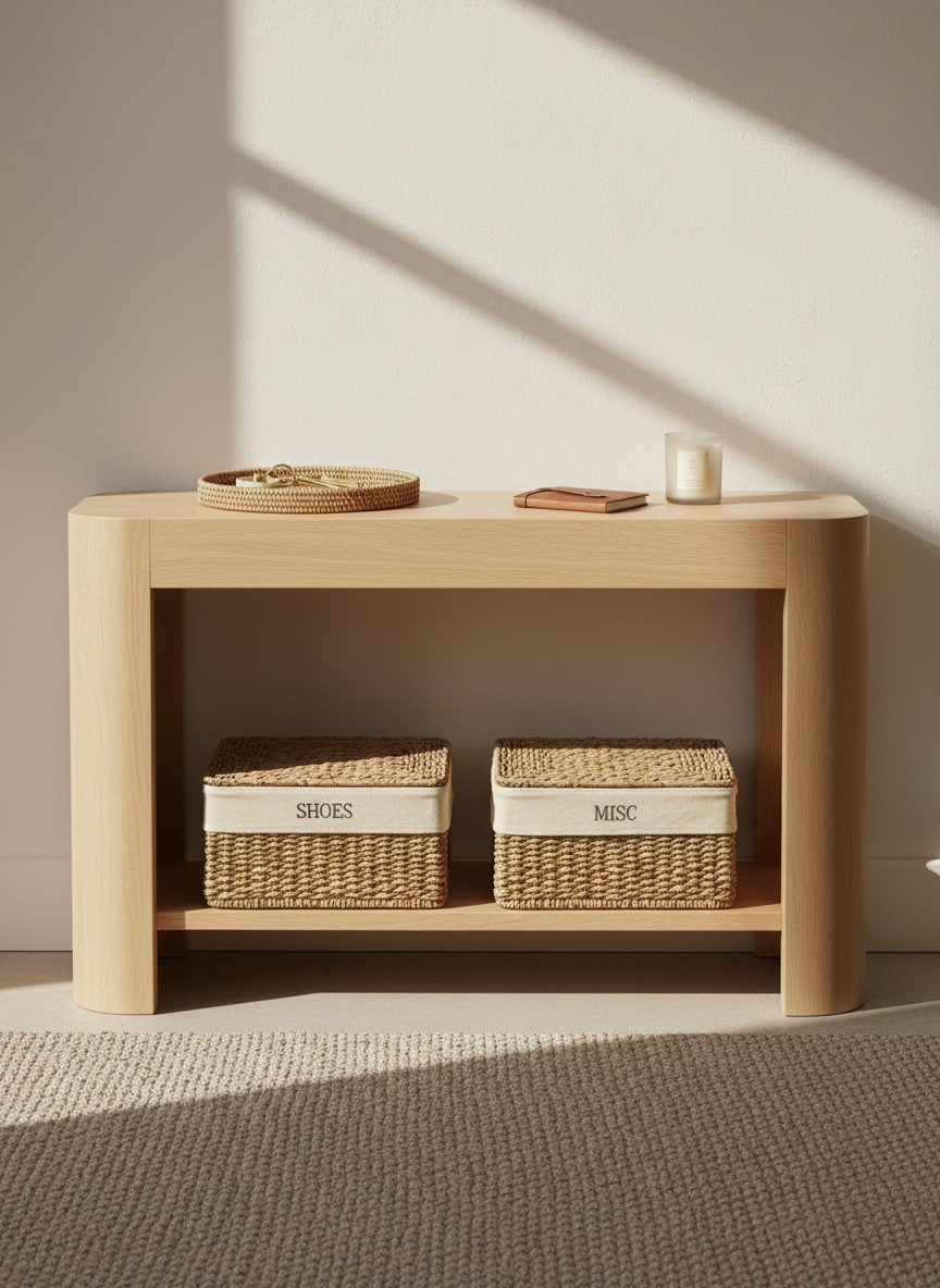 A thoughtfully organized entryway console in pale oak with softly rounded edges stands against a warm, chalky white wall. On its surface, a shallow woven tray corrals a set of brass keys, a slim leather-bound notebook, and a single frosted glass candle. Below, two labeled seagrass baskets are tucked neatly onto a lower shelf. A wool rug in muted taupe extends into the foreground, its subtle texture clearly visible. Late afternoon natural light filters in from the right, casting calm, elongated shadows and a gentle glow on the wood grain. Photographic realism, composed at eye level with balanced negative space, evoking quiet order, simple systems, and an inviting sense of arrival.