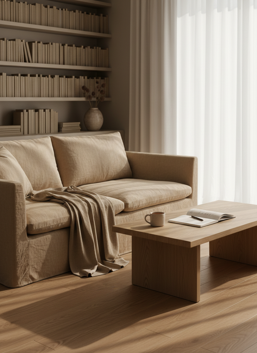 A softly rumpled linen sofa in a warm oatmeal tone anchors a serene living room, its plush cushions slightly indented as if recently used. A low, pale oak coffee table holds a single ceramic mug and an open linen-bound notebook. Floor-to-ceiling sheer white curtains diffuse gentle morning light across honey-toned wood floors, casting faint, elongated shadows. In the background, built-in shelving with neatly arranged neutral books and a single stoneware vase blurs into soft focus. Photographic realism, calm and sophisticated, shot at eye level with a shallow depth of field and a rule-of-thirds composition, emphasizing negative space and a feeling of quiet, lived-in coziness without clutter.