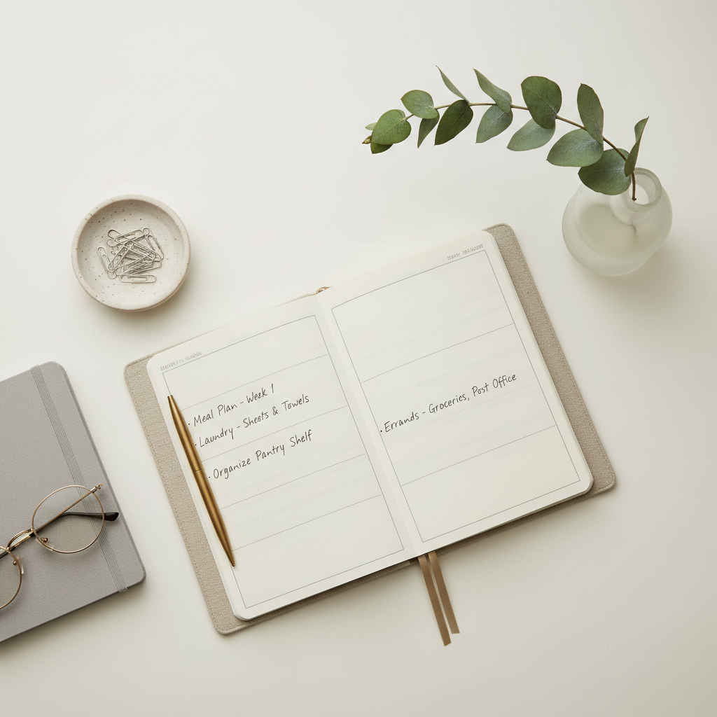 An overhead view of a calm homemaking checklist scene on a smooth, warm white desk surface. A linen-textured planner lies open, its pages softly cream with neatly written, minimal to-do items. A slim brass pen rests across the margin. To the left, a small stoneware dish corrals paper clips, and a closed, dove-gray notebook is stacked beneath a pair of understated reading glasses. A single stem of eucalyptus extends into the frame from the corner in a cloudy glass bud vase. Diffused daylight from above creates soft, shadowless illumination. Photographic realism, minimalist and sophisticated, with a balanced flat-lay composition and sharp focus, evoking quiet productivity, gentle structure, and a sense of calm control.