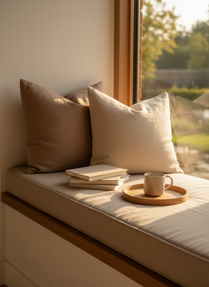 A cozy reading nook built into a deep window ledge, lined with a custom cushion in textured, sand-colored linen and two oversized, down-filled pillows in muted clay and warm ivory. A small stack of well-loved neutral-toned books rests beside a matte stoneware mug on a round oak tray. Outside the window, blurred greenery hints at a tranquil garden. Late afternoon golden hour light pours in, creating a gentle glow on the fabrics and a soft halo along the window frame. Photographic realism, captured from a slightly elevated side angle, with shallow depth of field, conveying a mood of retreat, quiet slowness, and sophisticated yet approachable comfort.