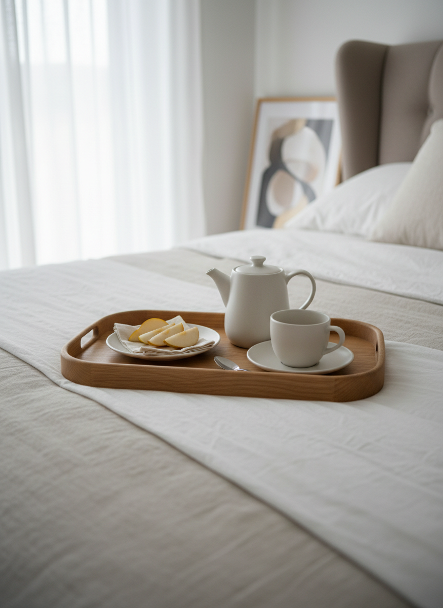 A slow weekend breakfast tray resting on a neatly made bed dressed in crisp white and pale beige linen. The tray is light oak with softly curved edges, holding a matte white ceramic teapot, a single cup on a matching saucer, and a small plate with a sliced pear and a linen napkin gently folded. In the background, the hint of a padded headboard and a framed abstract print in soft neutrals blur softly. Overcast morning light seeps through sheer curtains, creating a diffuse, quiet glow without harsh shadows. Photographic realism, captured from a slightly elevated angle with shallow depth of field, emphasizing a mood of unhurried calm and luxurious yet simple everyday living.
