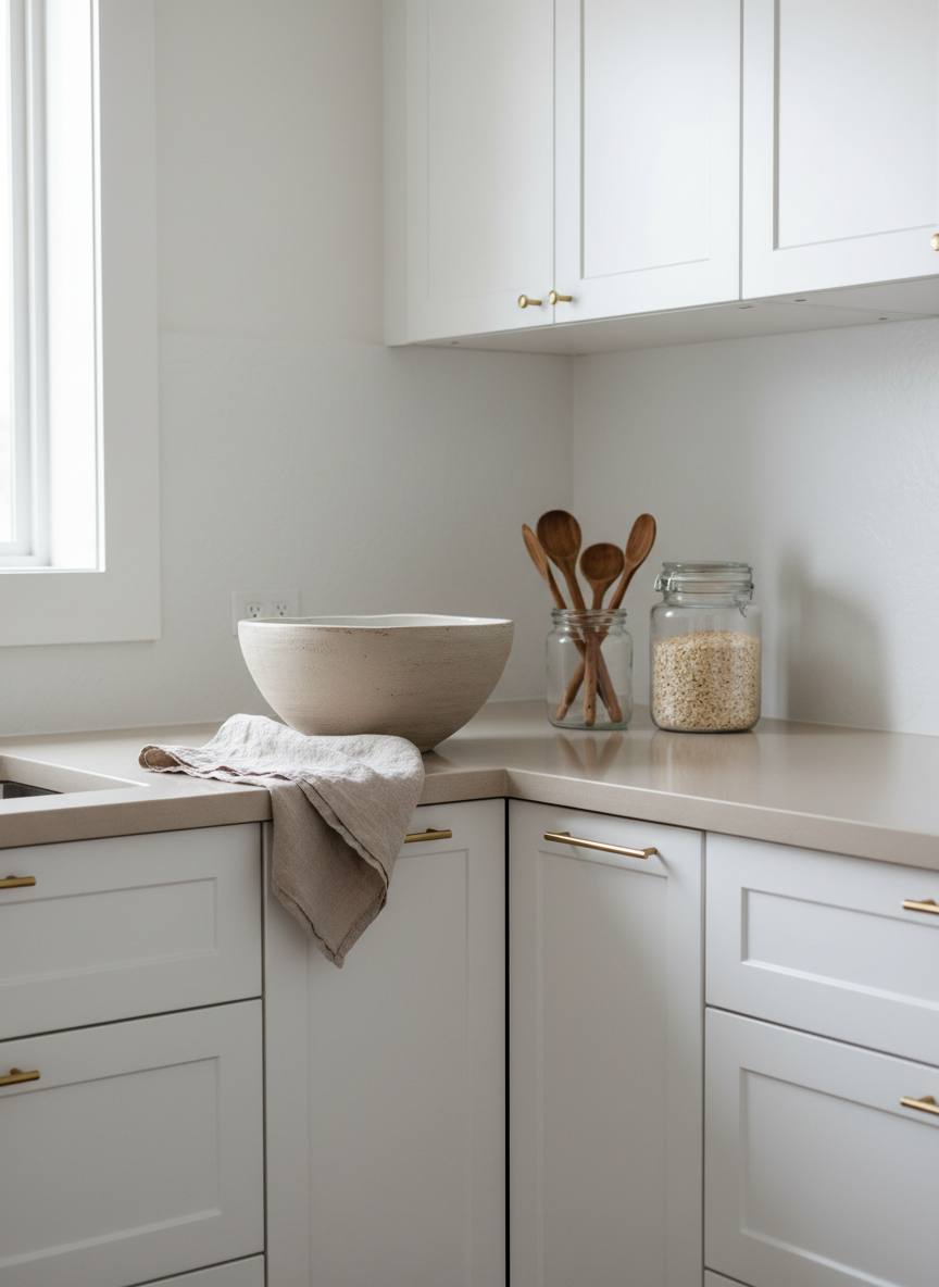 An airy, minimalist kitchen corner featuring matte white cabinetry with slim brass pulls, a warm greige quartz countertop, and a single oversized ceramic mixing bowl resting beside a neatly folded flax-colored tea towel. A small glass jar of wooden spoons and a clear canister of oats sit nearby, arranged with intentional simplicity. Soft, overcast daylight spills in from an unseen window to the left, creating gentle highlights on the ceramic and subtle shadows along the backsplash. Photographic realism, clean and modern, captured from a slightly elevated angle with sharp focus throughout, conveying a mood of calm preparation and effortless everyday routine in a sophisticated, uncluttered home.