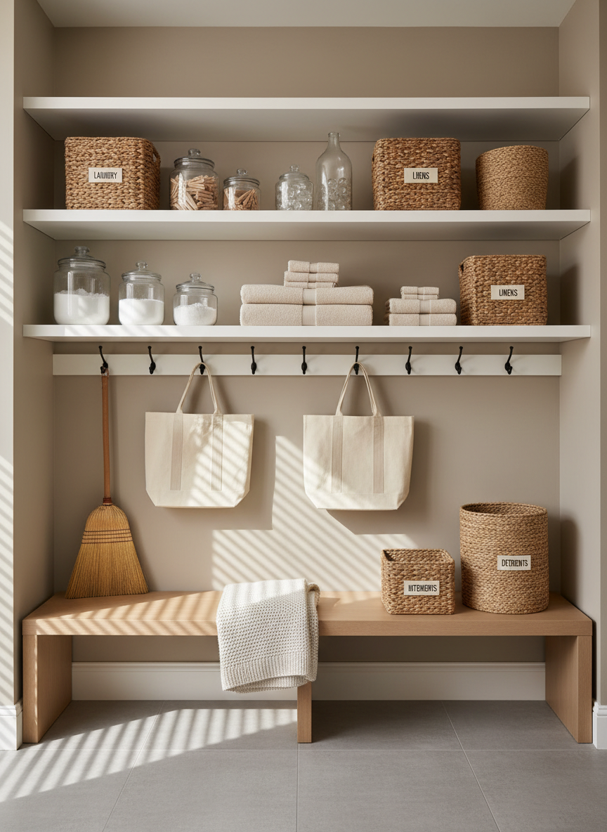A meticulously organized open shelving system in a laundry-mudroom hybrid space, featuring matte white shelves against a soft greige wall. Labeled woven baskets, folded ivory towels, and clear glass jars of laundry essentials are arranged with thoughtful spacing. Below, a row of peg hooks holds a few neutral canvas tote bags and a straw broom. A compact bench seat in light oak with a neatly folded throw blanket sits beneath the lowest shelf. Soft morning light filters in from a small, unseen window, casting gentle, linear shadows. Photographic realism, shot at eye level with sharp focus and a slightly wide frame, illustrating calm, functional systems that keep a sophisticated home feeling composed and orderly.