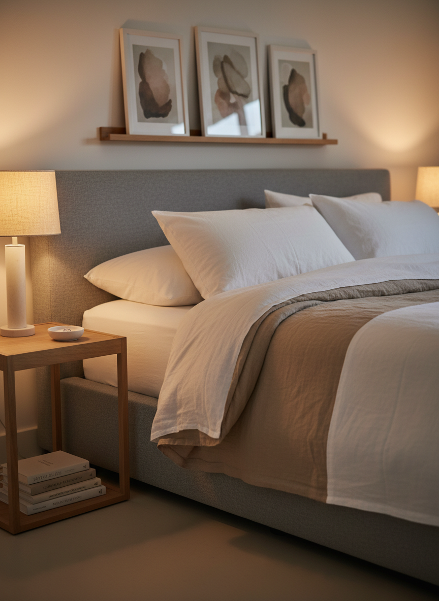 A serene bedroom scene featuring a low, upholstered bed in soft stone-gray fabric, dressed in layered white and warm taupe linen bedding with a slightly lived-in texture. Beside it, a slender light oak nightstand holds a small stack of neutral hardback books, a ceramic dish with a single ring, and a minimalist linen-covered lamp casting a warm pool of light. In the background, a simple gallery ledge displays a few unframed, tonal art prints. Evening light mixes with the lamp’s glow, creating a cozy, cocoon-like ambiance. Photographic realism, shot from a three-quarter angle with a shallow depth of field, emphasizing calm, sophisticated comfort and an intentional, uncluttered atmosphere.